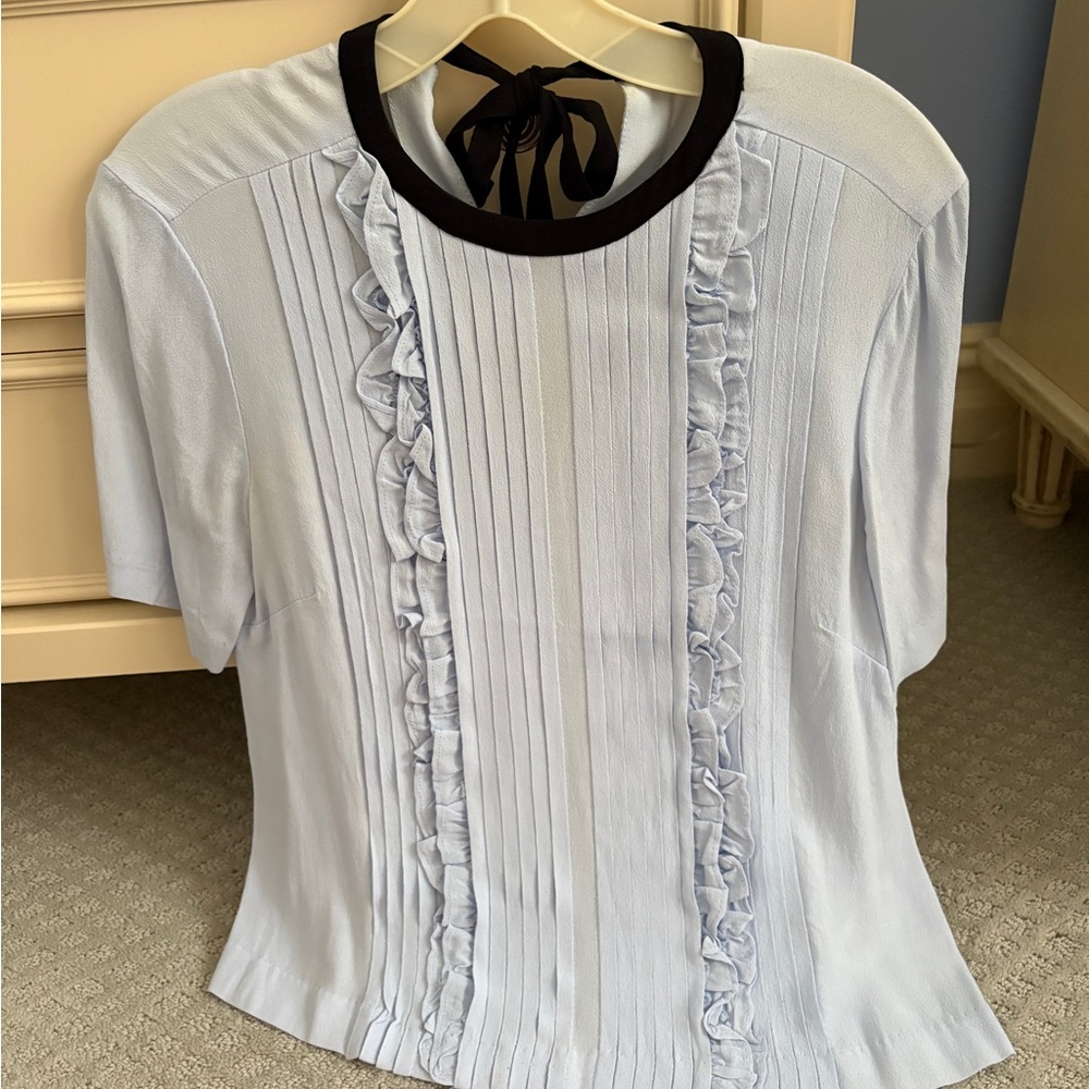 H&M Light Blue Pleated Ruffle Blouse with Bib Collar
